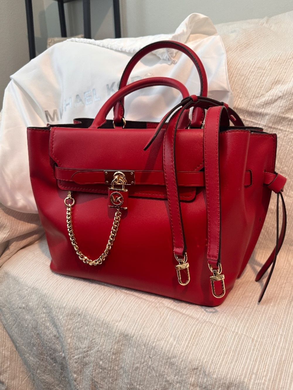 Michael Kors Hamilton Legacy Large Leather Satchel Tote Red Gold Lock Crossbody - Picture 2 of 6